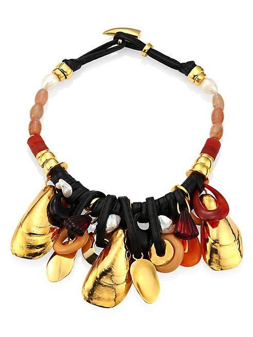 Lizzie Fortunato - Mollusk 18-21MM Baroque Pearl, Agate & Leather Necklace