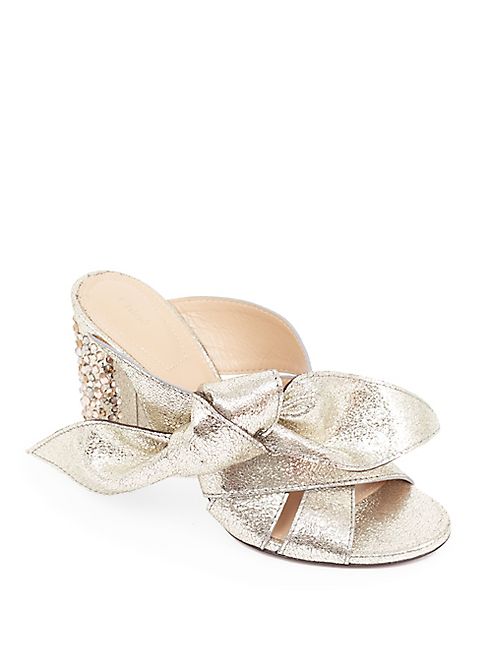 Chloé - Nellie Bow Metallic Leather & Crystal Block Heel Slides