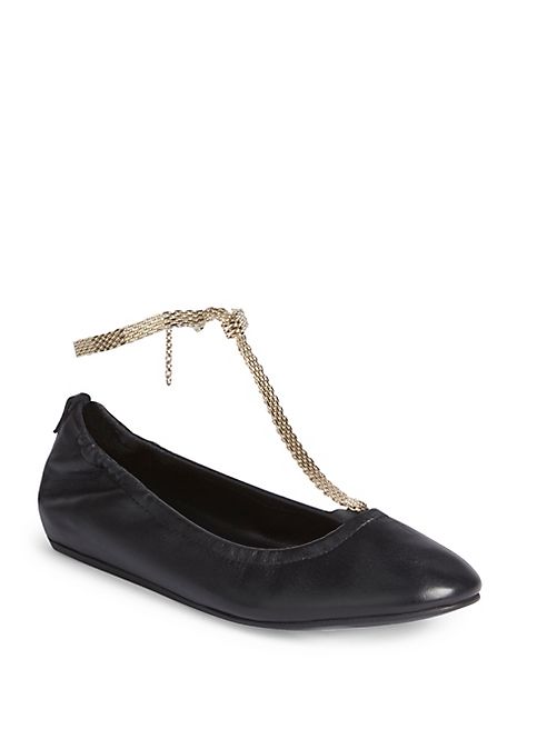 Lanvin - Chain-Embellished Leather T-Strap Ballet Flats