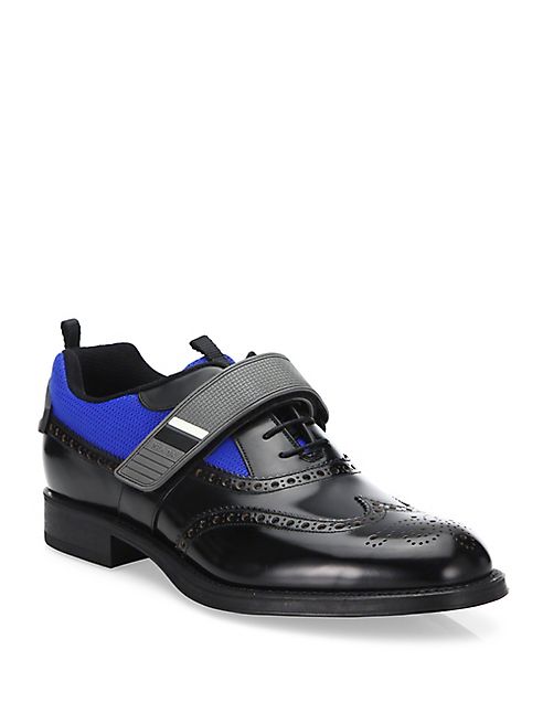 Prada - Mesh-Detail Leather Grip-Tape Wingtip Oxfords