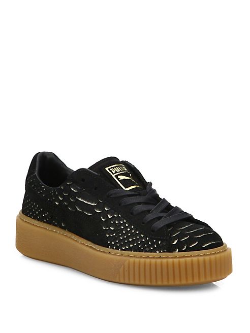 PUMA - Basket Snakeskin-Embossed Suede Platform Sneakers