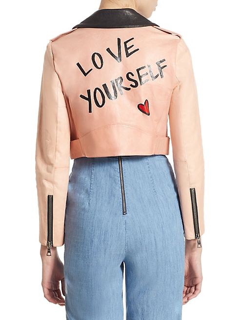 Alice + Olivia - Cody Graphic Cropped Leather Moto Jacket