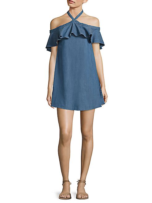 Alice + Olivia - Alexia Off-The-Shoulder Chambray Halter Dress