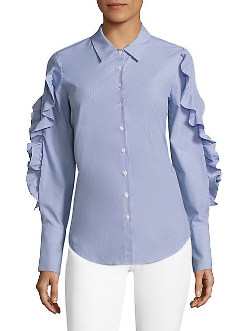 Scripted - Striped Lace-Up Ruffled Poplin Shirt