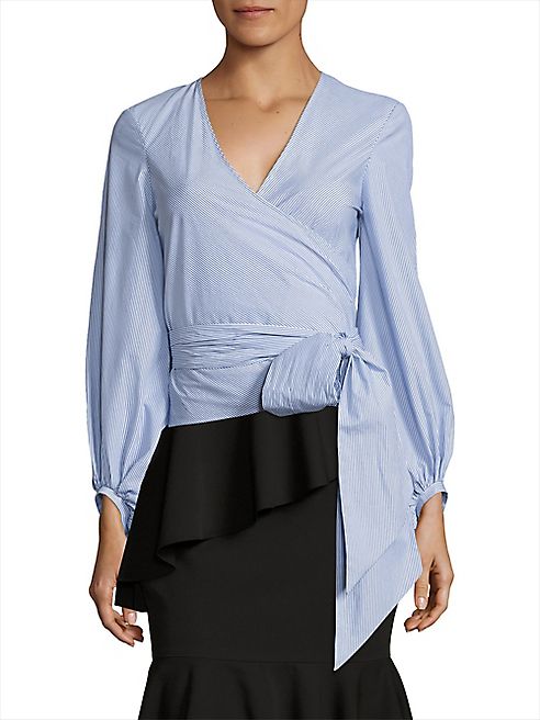 Scripted - Blouson Sleeve Striped Poplin Wrap Top