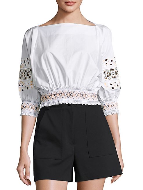 Tibi - Cora Embroidered Cotton Cropped Top