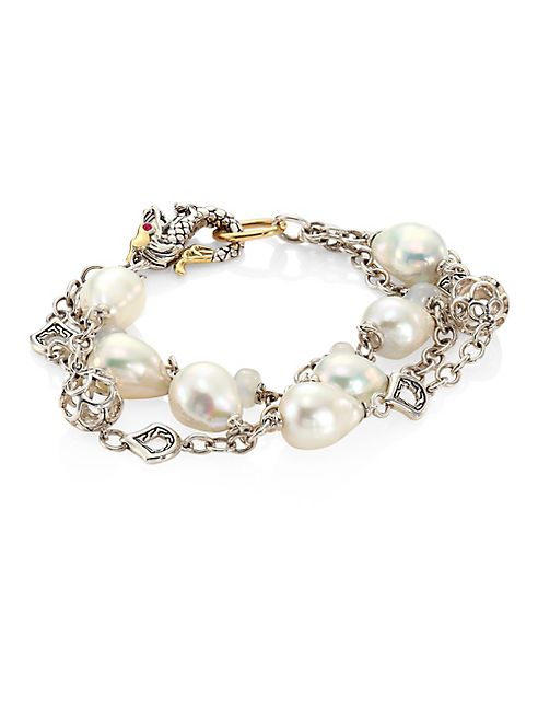 John Hardy - Legends Naga 10MM White Baroque Pearl & White Moonstone Triple Row Bracelet