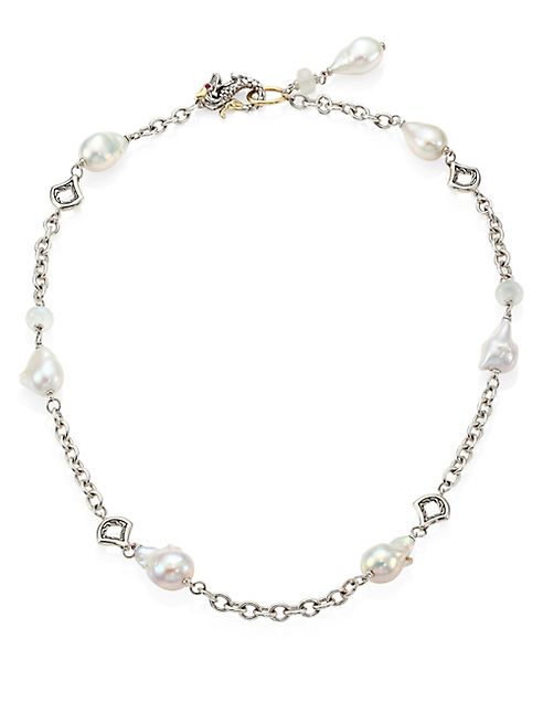 John Hardy - Legends Naga 11-12MM White Baroque Pearl, Moonstone & Sterling Silver Station Necklace