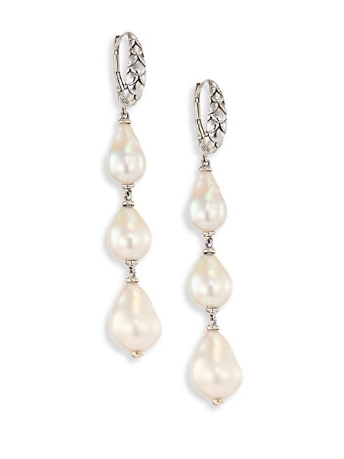 John Hardy - Legends Naga 8-11MM White Baroque Pearl & Sterling Silver Dangle Drop Earrings