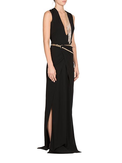 Lanvin - Jewelry-Embellished V-Cut Silk Gown