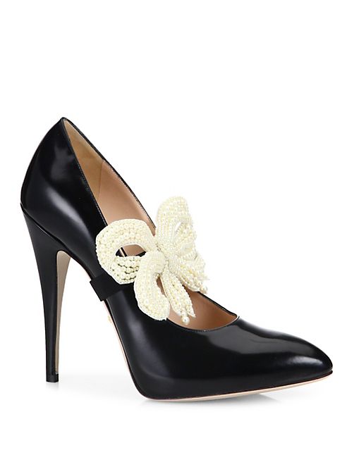 Gucci - Elaisa Removable Pearly Bow & Leather Point Toe Pumps