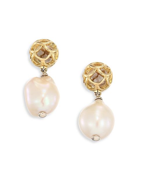 John Hardy - Legends Naga 11M White Baroque Pearl & 18K Yellow Gold Drop Earrings