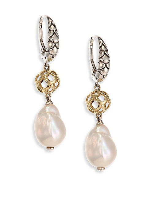 John Hardy - Legends Naga 11MM White Baroque Pearl, Sterling Silver & 18K Yellow Gold Drop Earrings