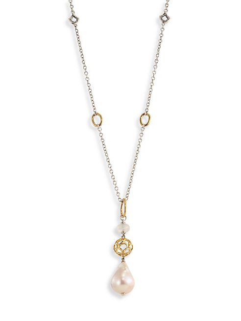 John Hardy - 15MM White Baroque Pearl, White Moonstone & Sterling Silver Station Necklace