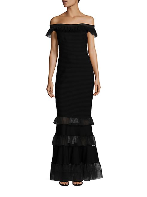 Tadashi Shoji - Pintuck Ruffled Tulle Gown