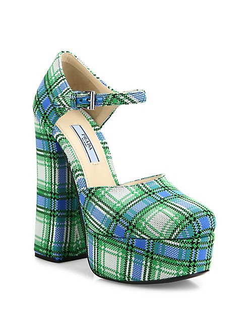 Prada - Plaid Ankle-Strap Platform Pumps