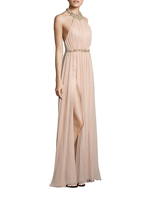 Marchesa Notte - Embellished Silk Halter Gown