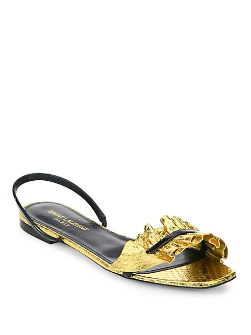 Saint Laurent - Edie Metallic Snakeskin & Patent Leather Flat Slingback Sandals