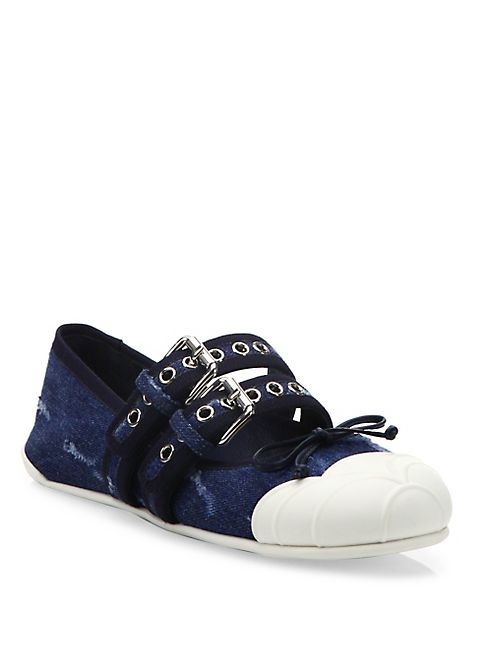 Miu Miu - Double Strap Denim Cap Toe Ballet Flats