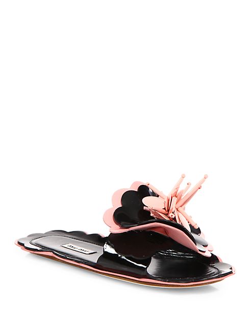 Miu Miu - Flower Applique Patent Leather Slides