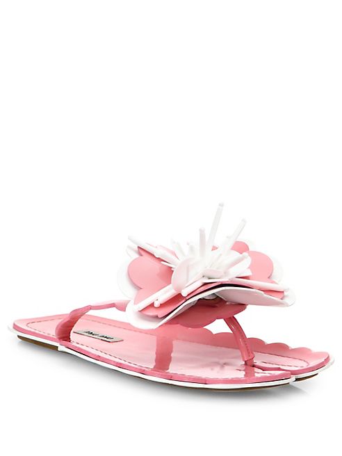 Miu Miu - Flower-Appliqué Leather Flip Flops