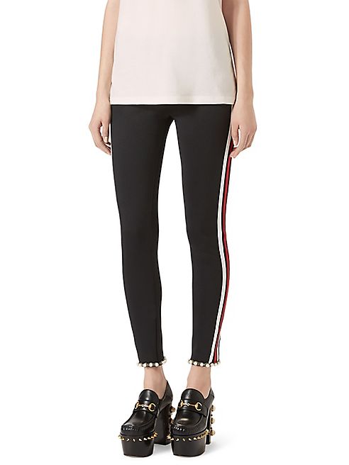 Gucci - Faux Pearl-Trim Striped Tech Jersey Leggings