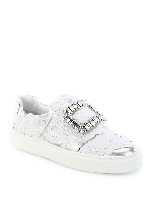 Roger Vivier - Sneaky Viv Crystal Buckle Lace-Embroidered Metallic Leather Sneakers