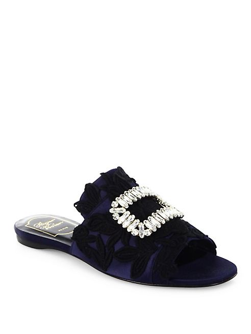 Roger Vivier - Crystal Buckle Lace-Embroidered Satin Slides