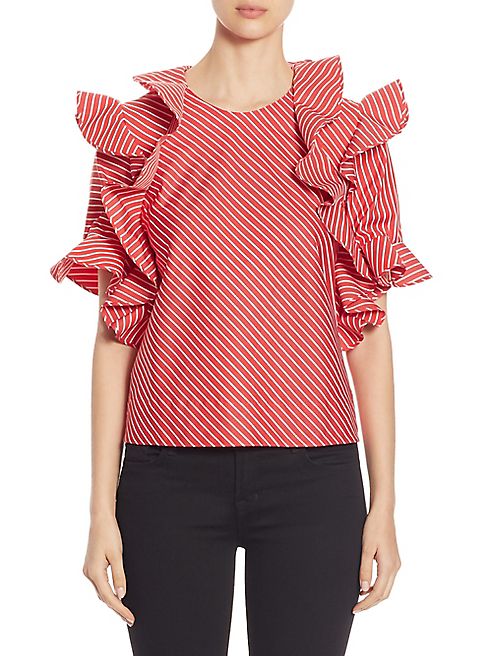 MSGM - Regimental Striped Ruffled Cotton Poplin Top