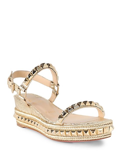 Christian Louboutin - Cataclou 60 Studded Metallic Leather Espadrille Wedge Sandals