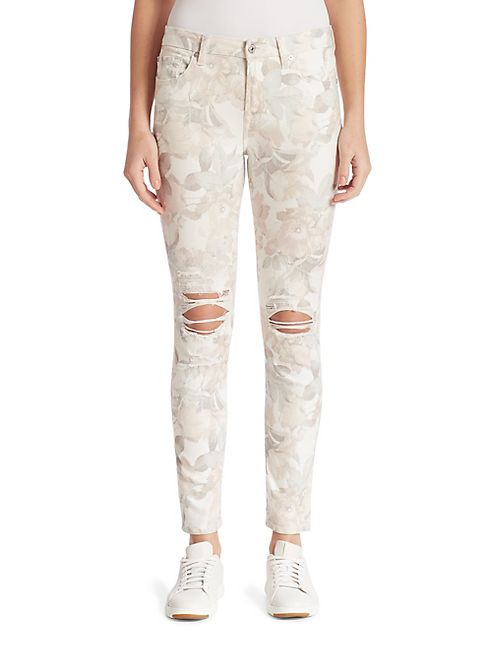 7 For All Mankind - Distressed Floral-Print Ankle Skinny Jeans