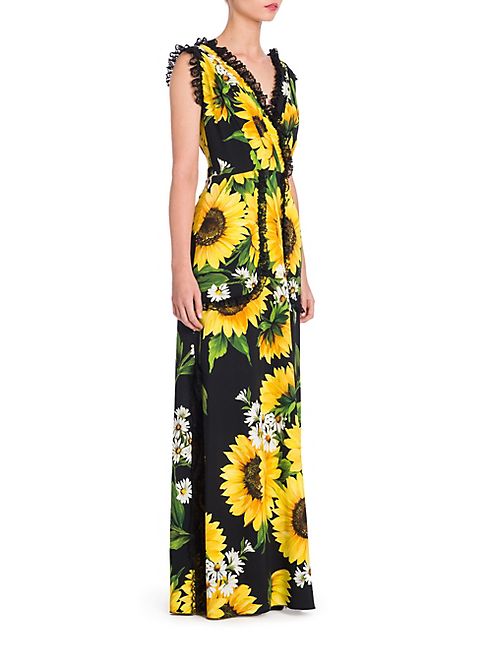 Dolce & Gabbana - Lace Ruffle Sunflower Print Gown