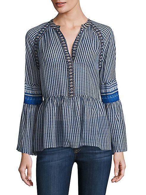 BCBGMAXAZRIA - Striped Silk V-neck Peasant Blouse