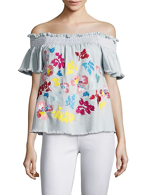 Tanya Taylor - Carmen Fringed Embroidered Top