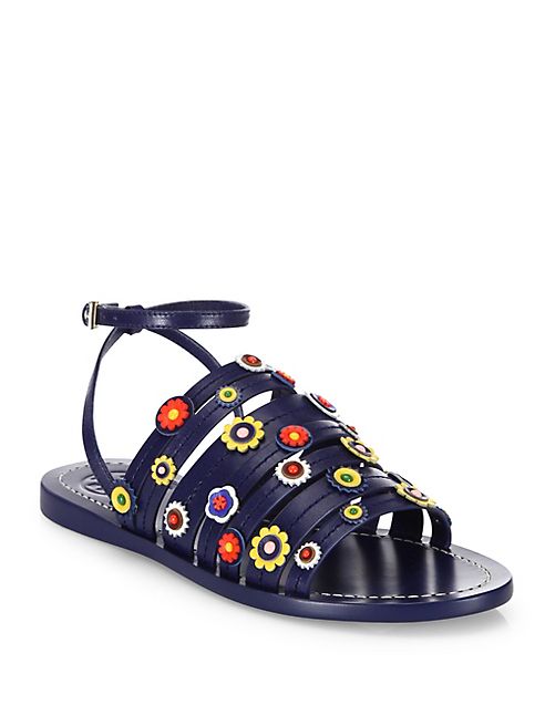 Tory Burch - Marguerite Floral Leather Flat  Ankle-Strap Sandals