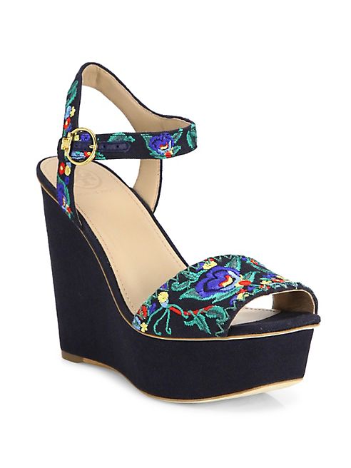 Tory Burch - Sonoma Embroidered Wedge Platform Sandals