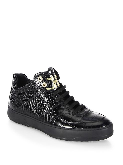 Salvatore Ferragamo - Monroe Mid Top Croc Embossed Calfskin Sneaker