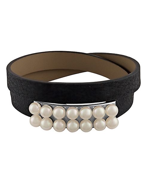 Majorica - New Isla 6MM White Pearl & Leather Bracelet