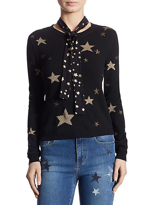 RED Valentino - Metallic Star-Print Tie-Neck Sweater