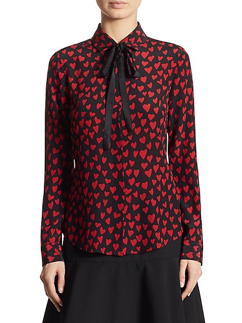 RED Valentino - Tie-Neck Heart-Print Silk Blouse