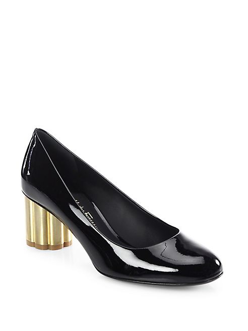 Salvatore Ferragamo - Lucca Patent Leather Flower Heel Pumps