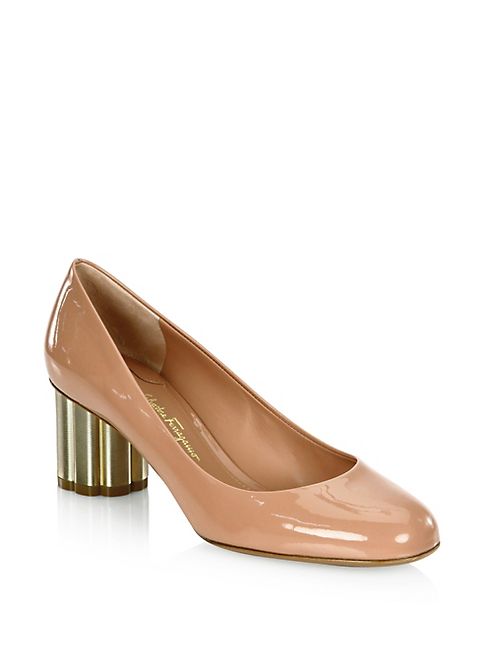 Salvatore Ferragamo - Lucca Patent Leather Flower Heel Pumps