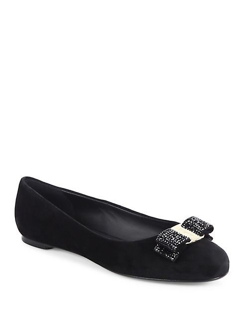 Salvatore Ferragamo - Varina Crystal-Bow Suede Ballet Flats