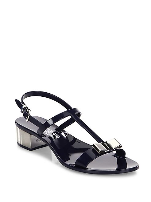 Salvatore Ferragamo - Favilia Metal Block Heel Jelly T-Strap Slingback Sandals