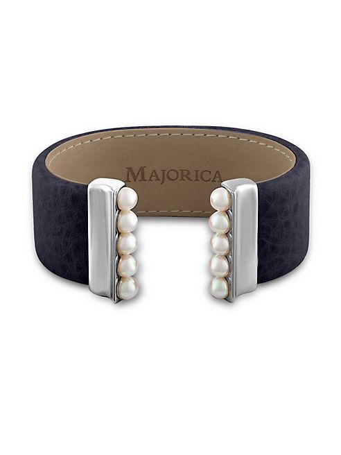 Majorica - New Isla 5MM Organic Pearl & Leather Open Bangle/Navy