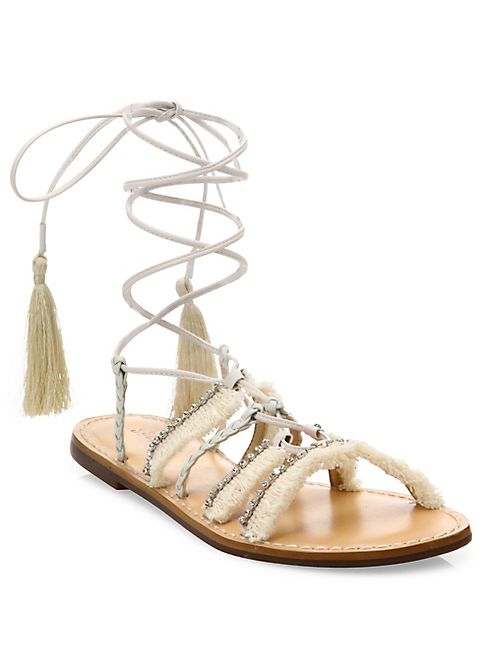 Schutz - Jolina Embellished Fringe Lace-Up Flat Sandals