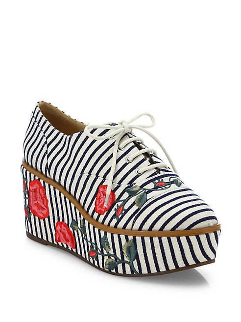 Schutz - Mila-Grace Striped & Embroidered Leather Trimmed Oxfords