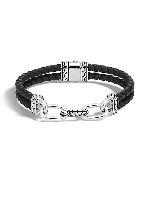 John Hardy - Classic Silver Link & Black Leather Bracelet