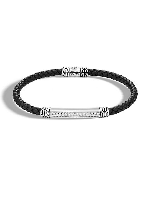 John Hardy - Classic Diamond, Silver & Woven Leather Bracelet