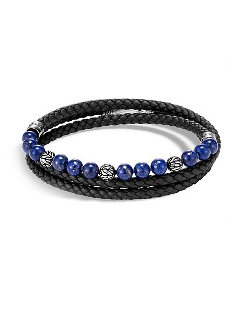 John Hardy - Leather, Silver & Lapis Bead Bracelet